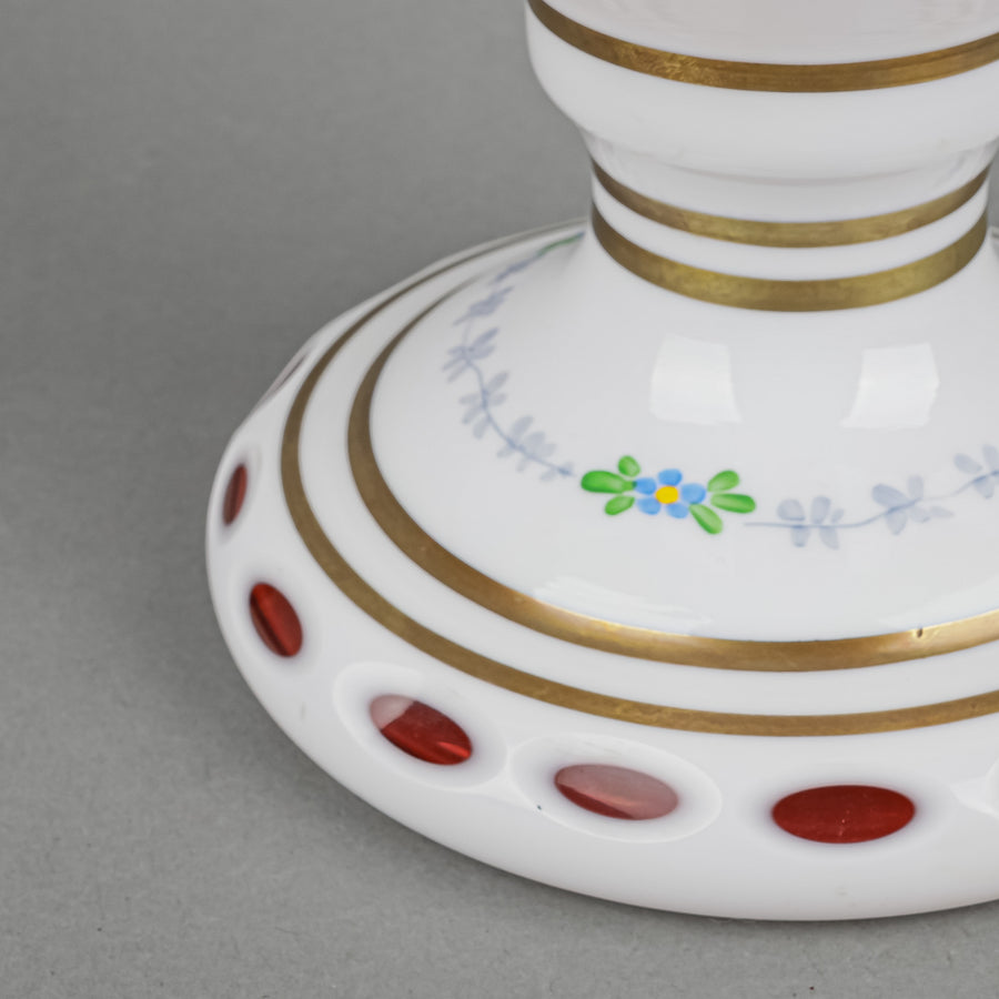 Vintage Hand Painted White Cased Red Cut To Clear Baluster Vase