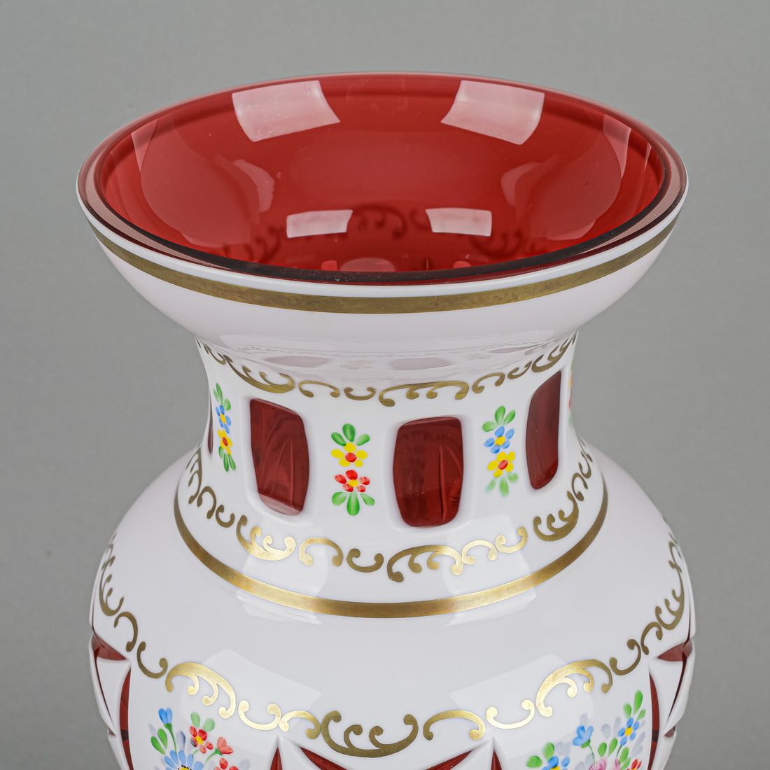 Vintage Hand Painted White Cased Red Cut To Clear Baluster Vase