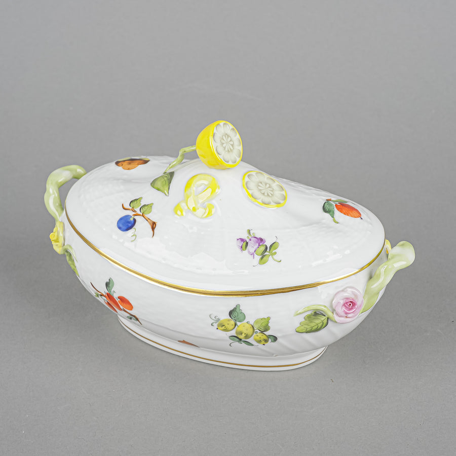 HEREND Fruits & Flowers Oval Lidded Dish - Lemon Knob