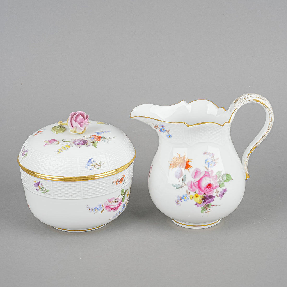 MEISSEN Cream & Covered Sugar Hand Painted Floral,Embossed Basketweave