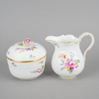 MEISSEN Cream & Covered Sugar Hand Painted Floral,Embossed Basketweave