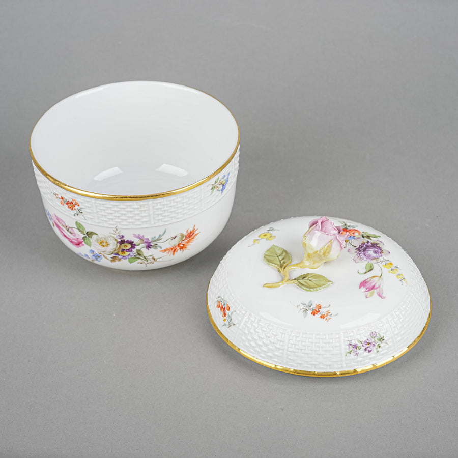 MEISSEN Cream & Covered Sugar Hand Painted Floral,Embossed Basketweave