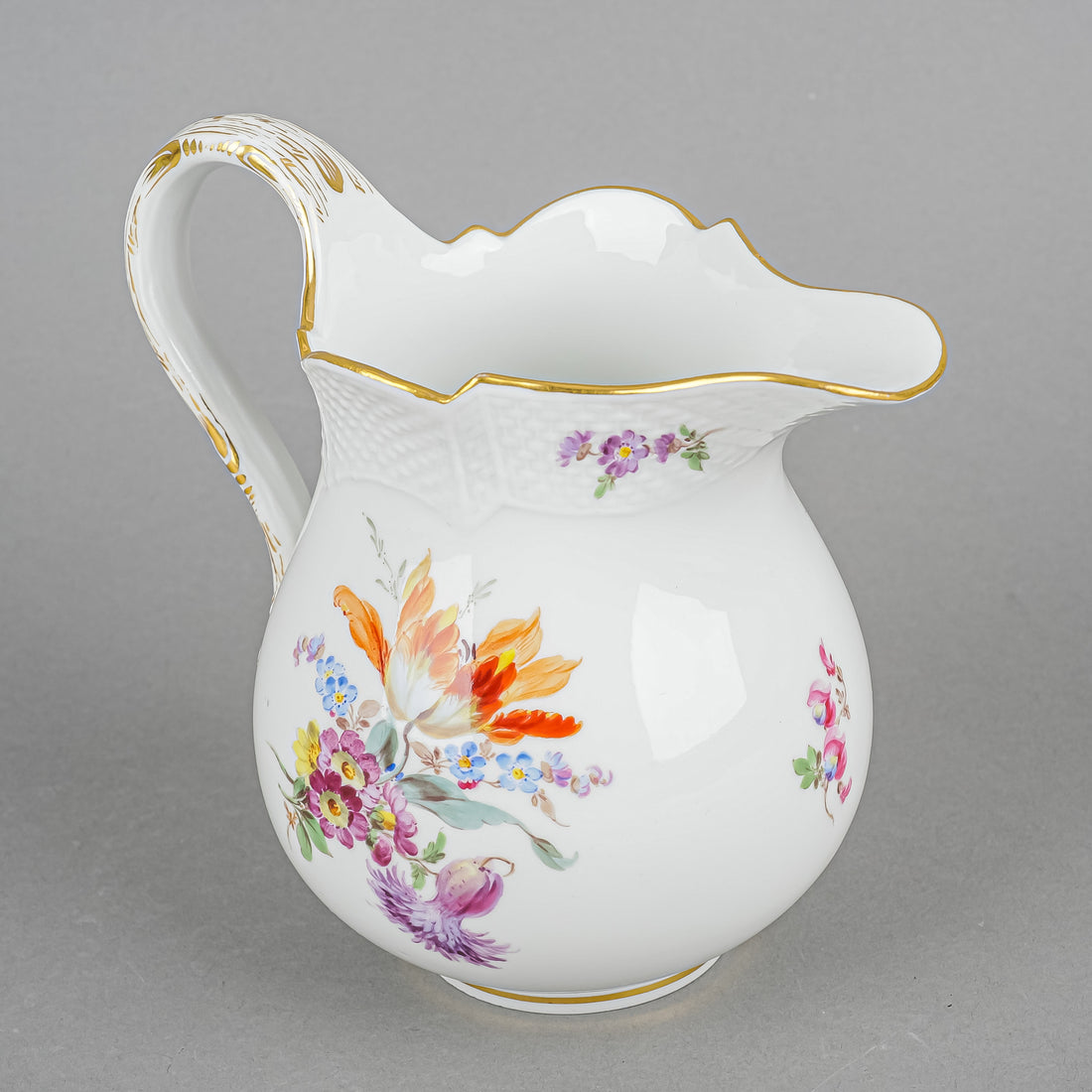 MEISSEN Cream & Covered Sugar Hand Painted Floral,Embossed Basketweave
