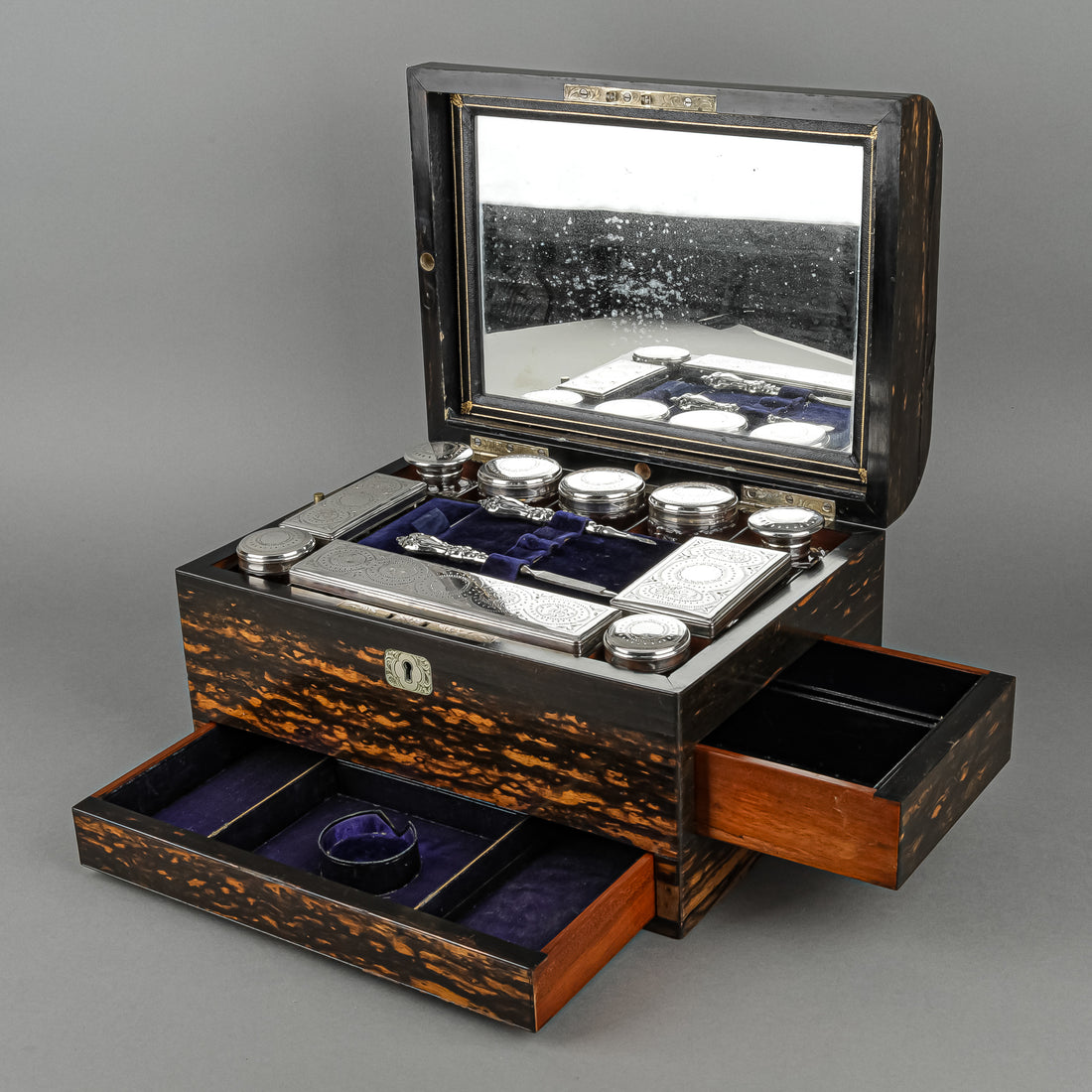 Antique Victorian Coromandel Jewelry/Vanity Case & Contents