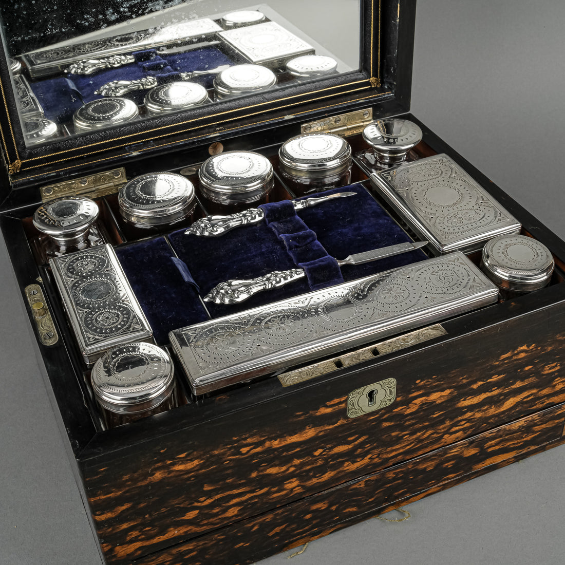 Antique Victorian Coromandel Jewelry/Vanity Case & Contents