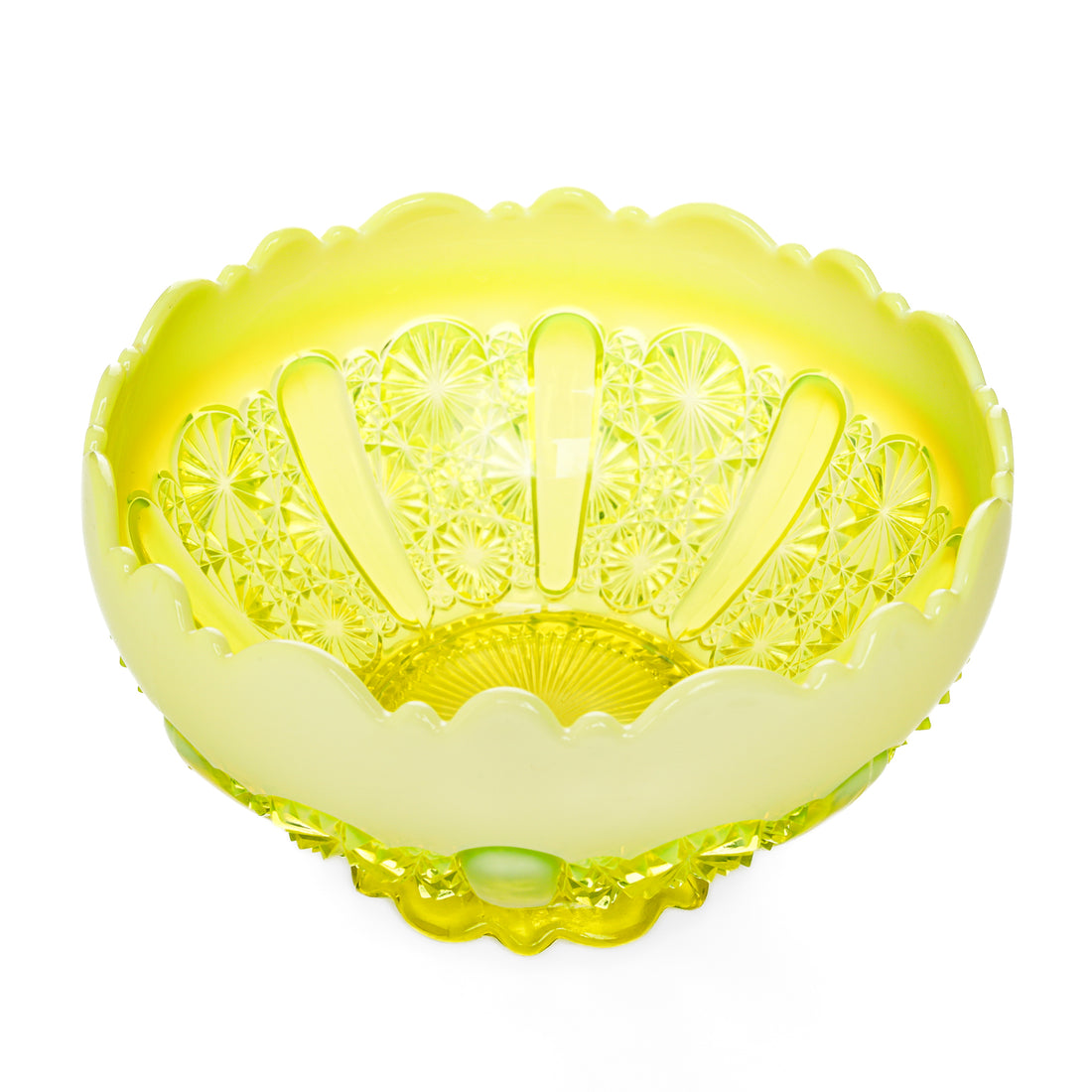 DAVIDSON GLASS Lady Chippendale Opalescent Vaseline Glass Footed Bowl