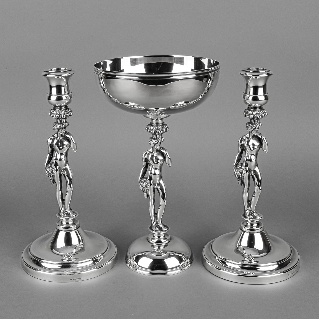 CHRISTOFLE Bacchus Silverplate Candlesticks And Pedestal Bowl 3 Pieces
