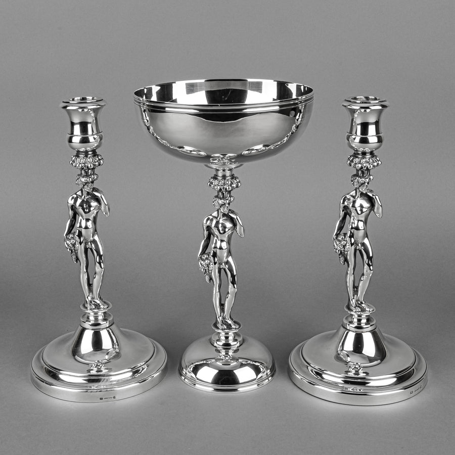 CHRISTOFLE Bacchus Silverplate Candlesticks And Pedestal Bowl 3 Pieces