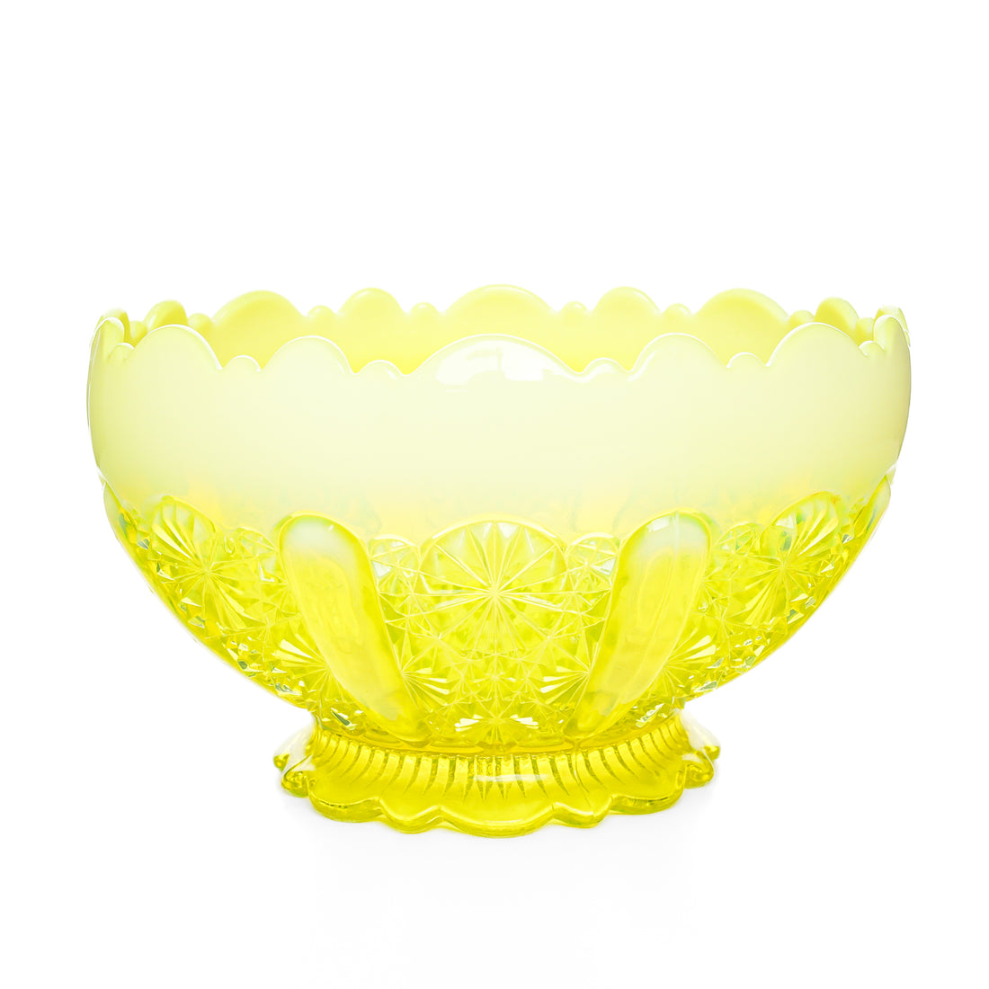 DAVIDSON GLASS Lady Chippendale Opalescent Vaseline Glass Footed Bowl