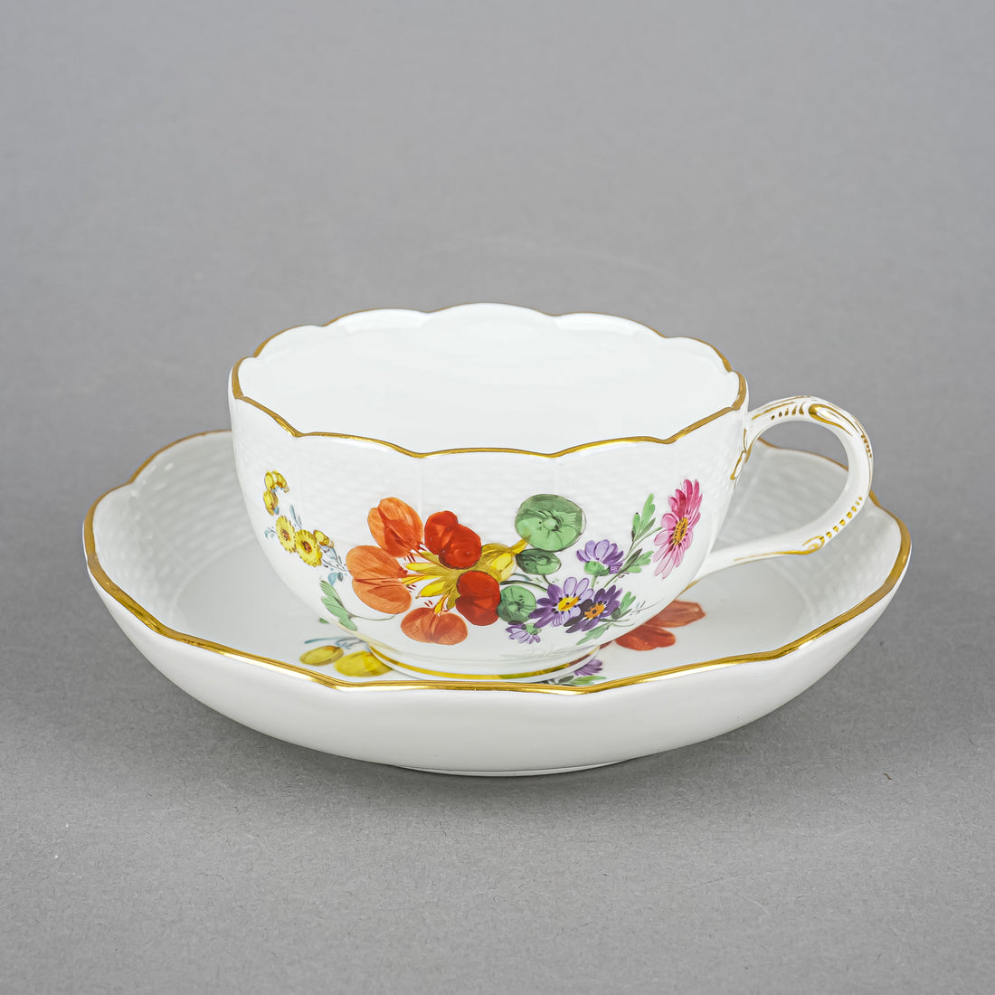 MEISSEN Cup & Saucer Hand Painted Floral, Embossed Basketweave