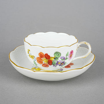 MEISSEN Cup & Saucer Hand Painted Floral, Embossed Basketweave