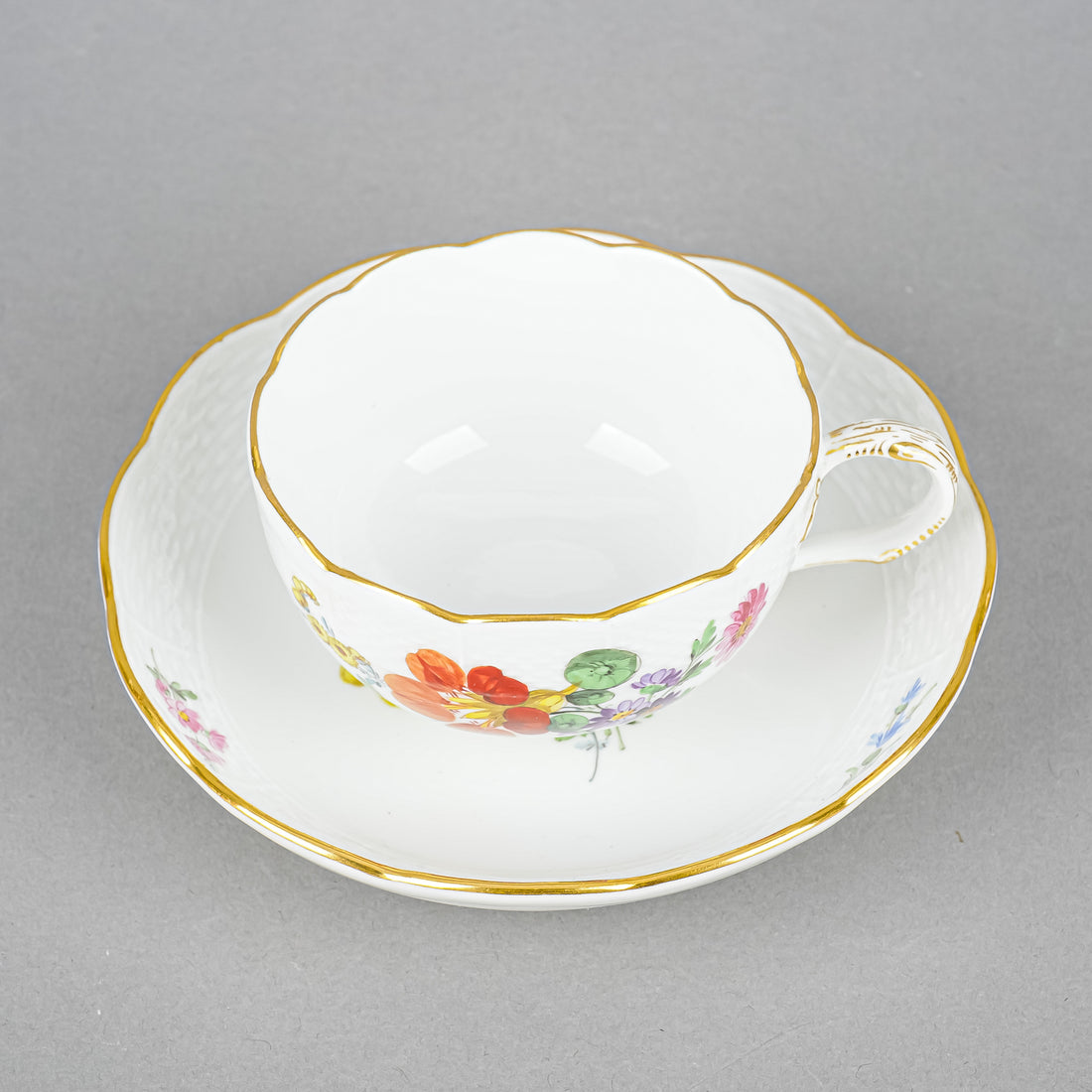 MEISSEN Cup & Saucer Hand Painted Floral, Embossed Basketweave