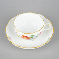 MEISSEN Cup & Saucer Hand Painted Floral, Embossed Basketweave