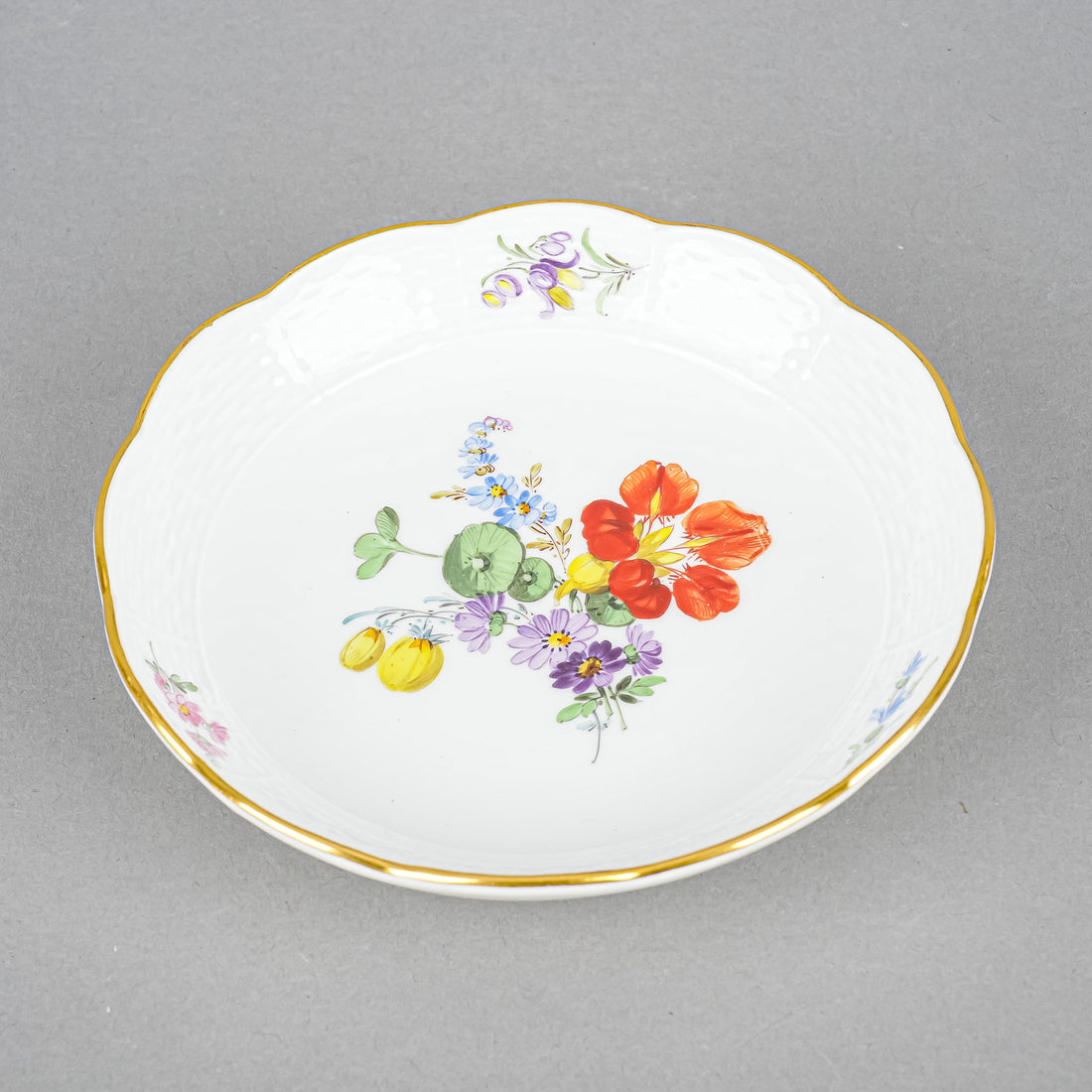 MEISSEN Cup & Saucer Hand Painted Floral, Embossed Basketweave