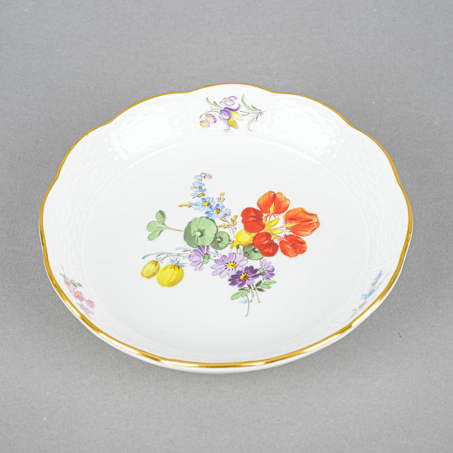 MEISSEN Cup & Saucer Hand Painted Floral, Embossed Basketweave