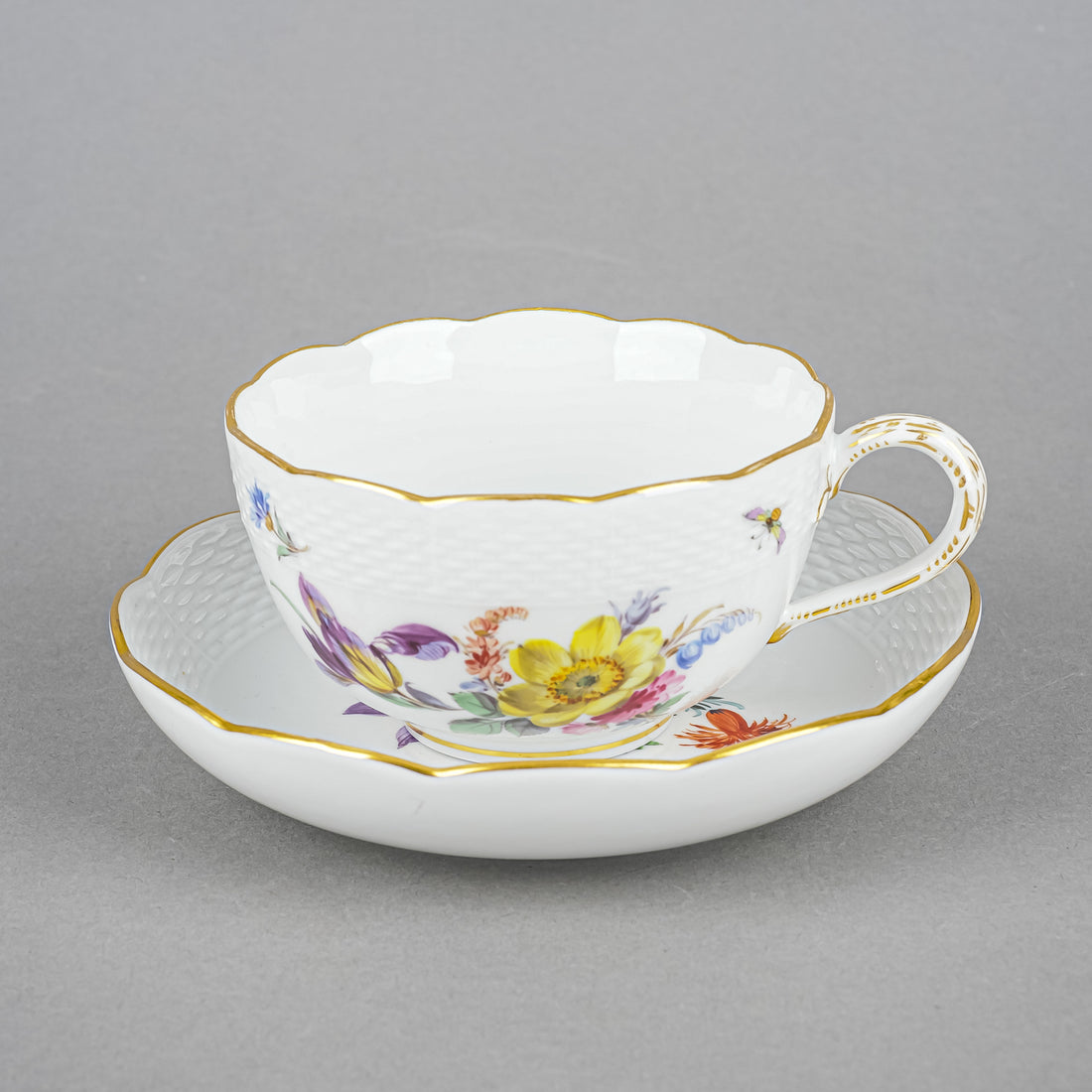 MEISSEN Cup & Saucer Hand Painted Floral, Embossed Basketweave Large