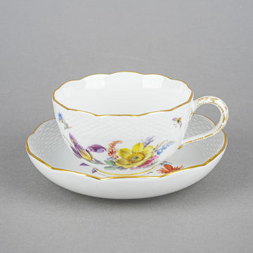 MEISSEN Cup & Saucer Hand Painted Floral, Embossed Basketweave Large
