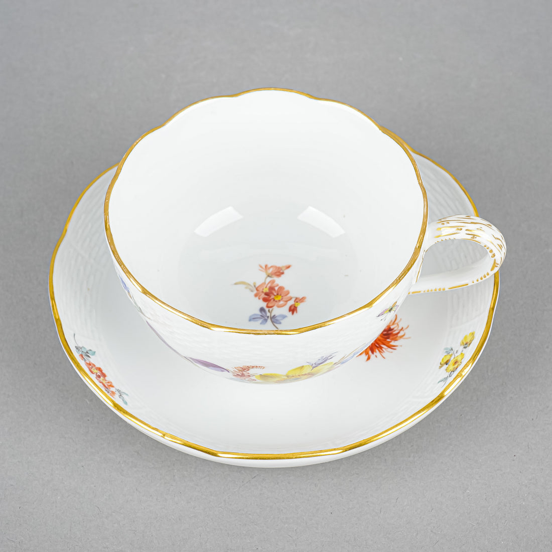 MEISSEN Cup & Saucer Hand Painted Floral, Embossed Basketweave Large