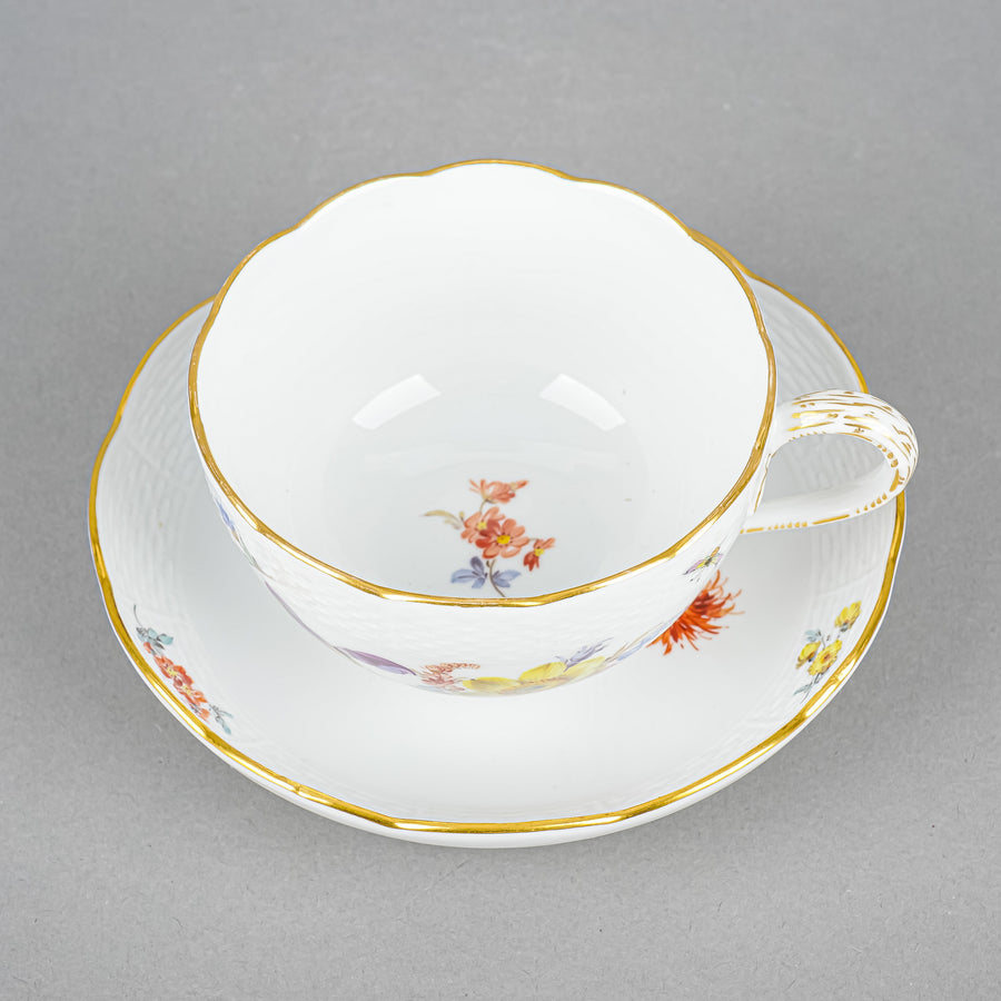 MEISSEN Cup & Saucer Hand Painted Floral, Embossed Basketweave Large