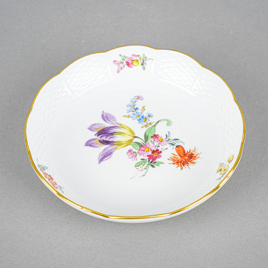 MEISSEN Cup & Saucer Hand Painted Floral, Embossed Basketweave Large