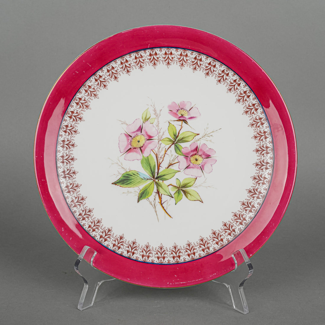 Antique ROYAL CROWN DERBY Hand Painted Floral Maroon Band Dessert Set 10 Pieces