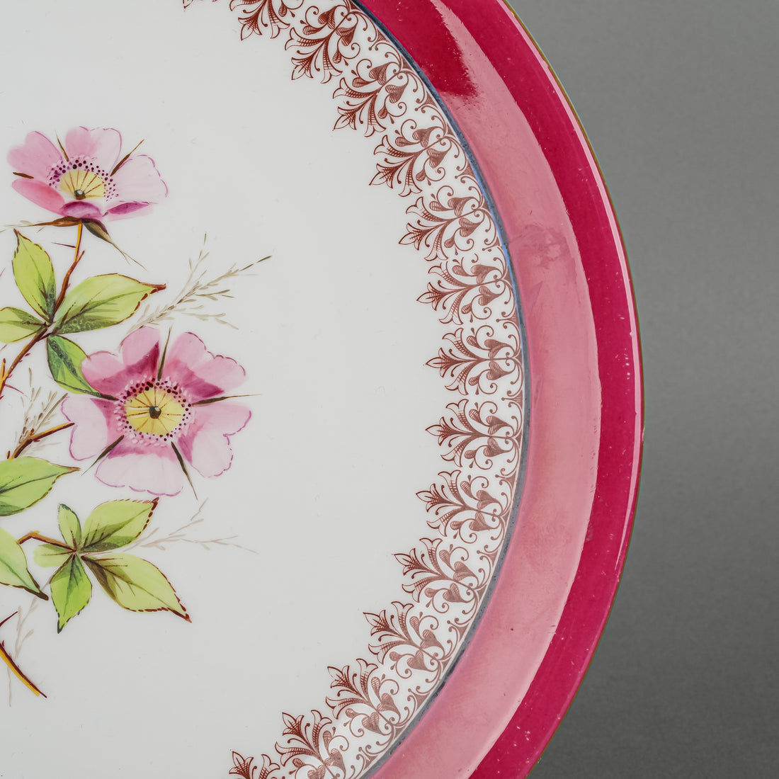 Antique ROYAL CROWN DERBY Hand Painted Floral Maroon Band Dessert Set 10 Pieces