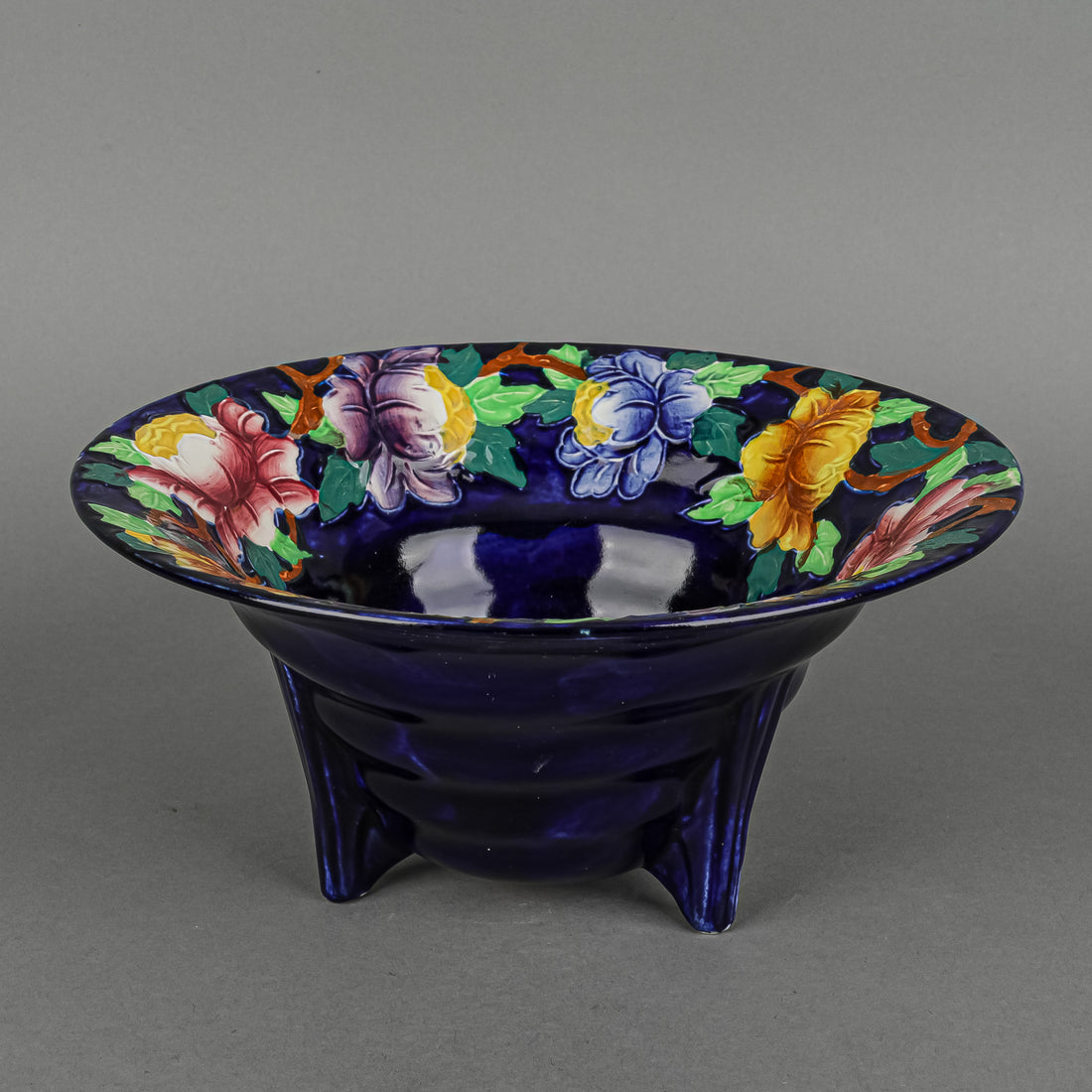 MALING WARE Tube Line Floral Cobalt Ground Footed Bowl 6504