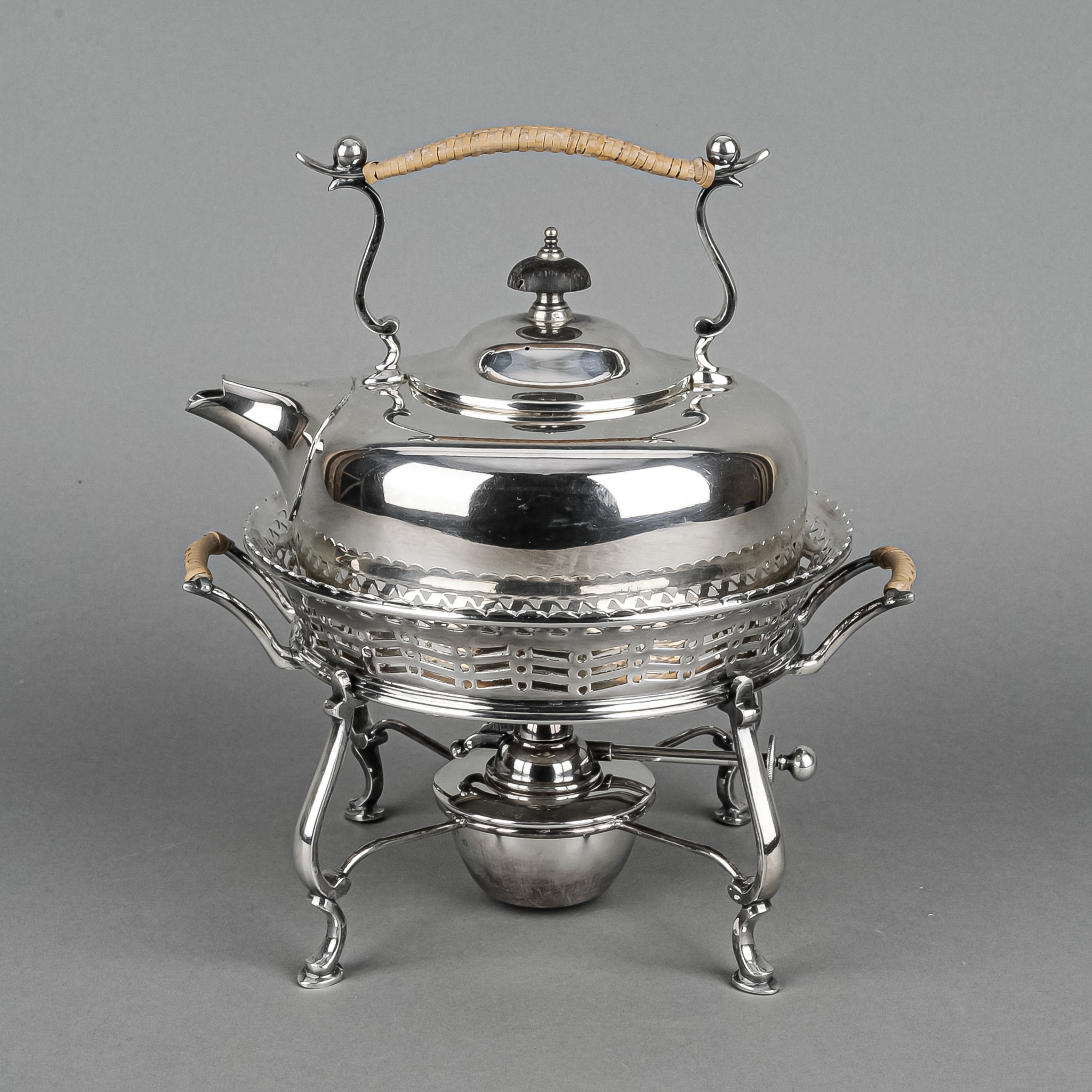BARKER BROS Silver Plate Teapot & Warming Stand w/Burner 3pcs Around