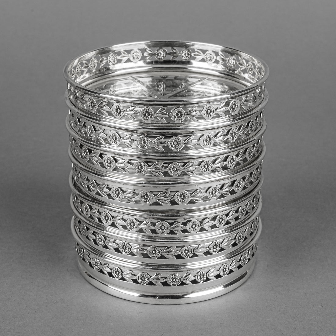 BIRKS STERLING 925 Silver Rim Crystal Coasters Set Of 7