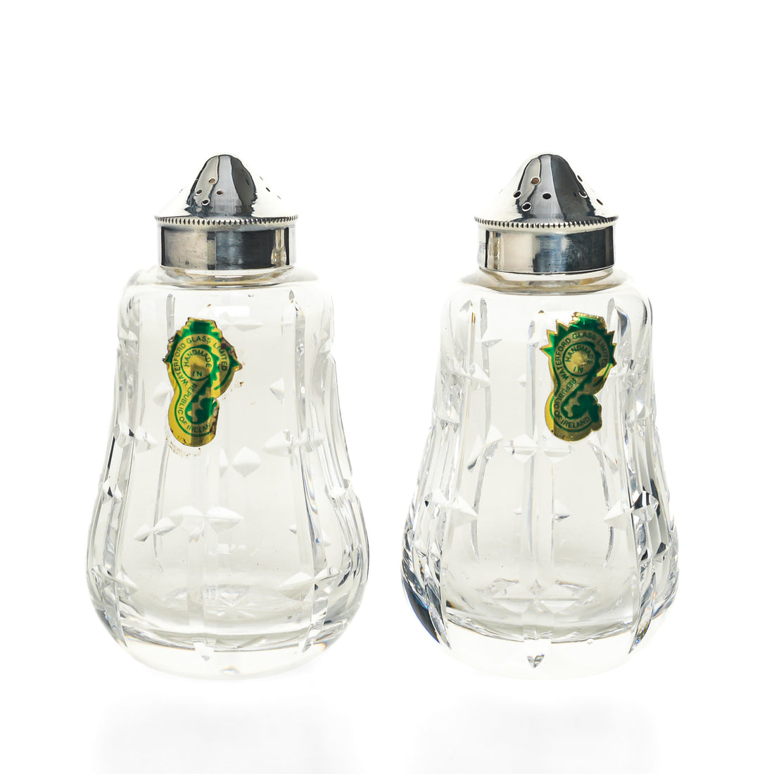 WATERFORD CRYSTAL Cut Crystal Shakers With Silverplate Tops Set Of 2