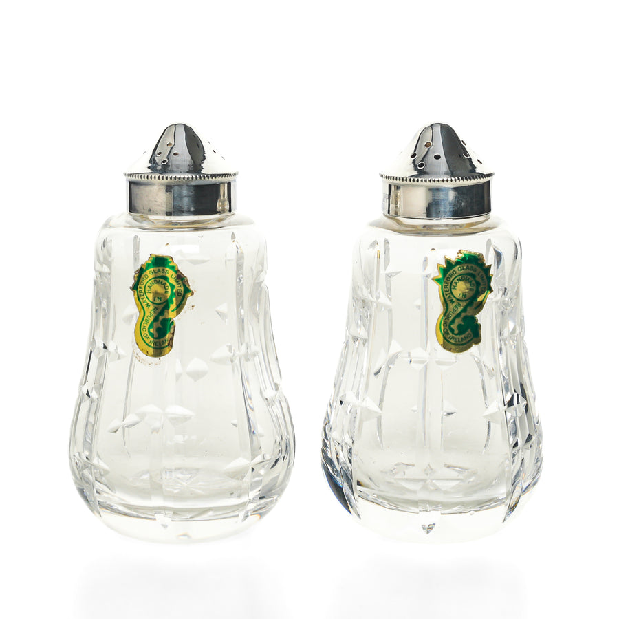 WATERFORD CRYSTAL Cut Crystal Shakers With Silverplate Tops Set Of 2
