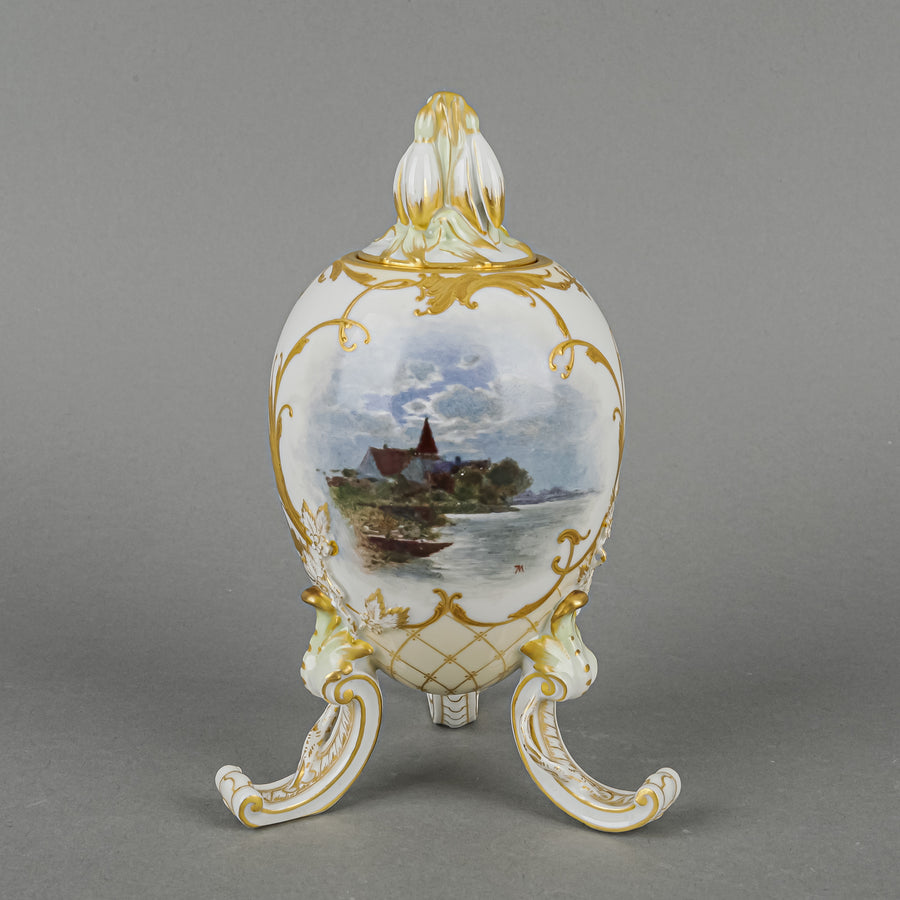 KPM GERMANY Hand Painted Floral/Scene Lidded Egg On Legs
