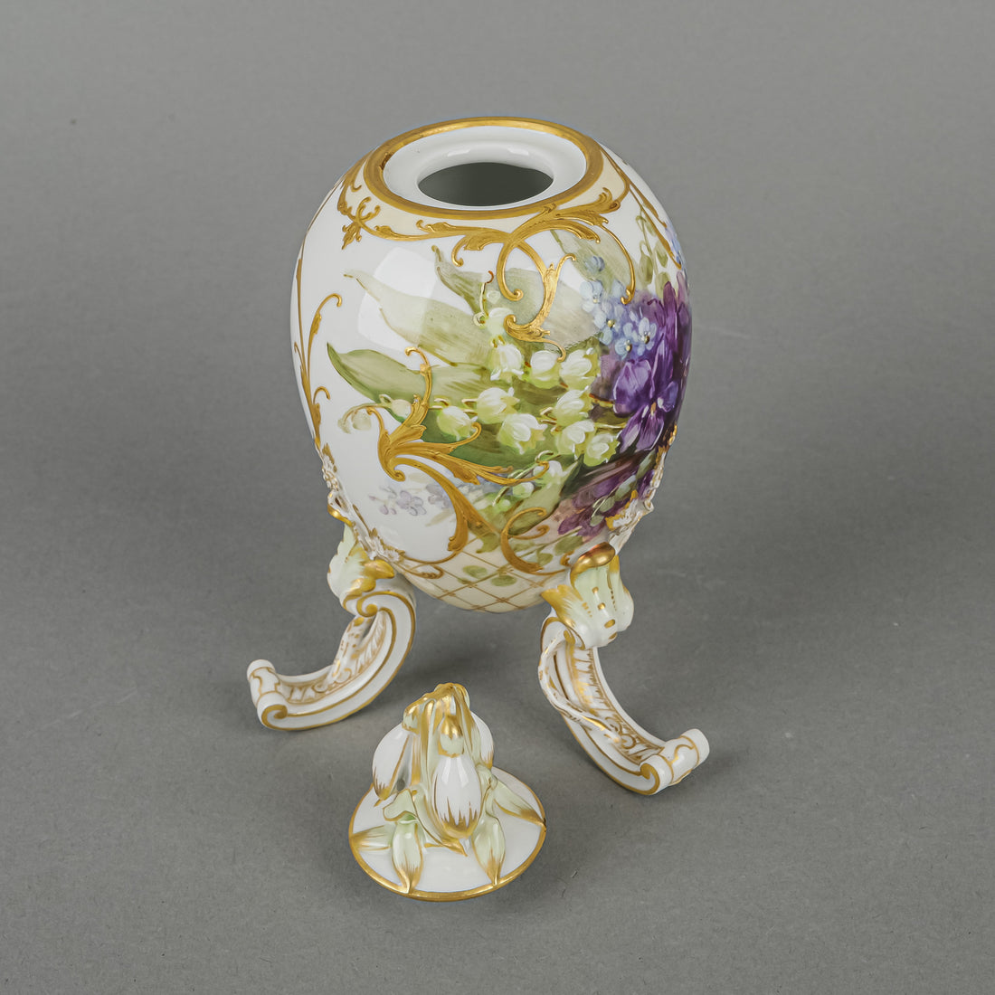 KPM GERMANY Hand Painted Floral/Scene Lidded Egg On Legs