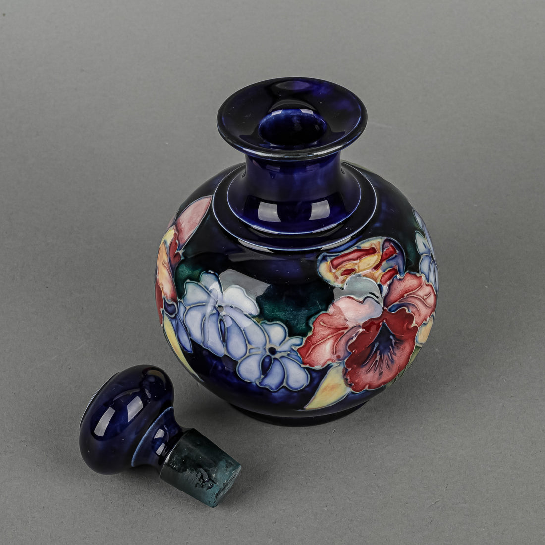 MOORCROFT Orchid Blue Ground Bottle & Stopper