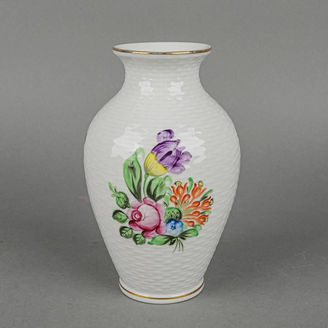 HEREND Hand Painted Floral Basketweave Baluster Vase