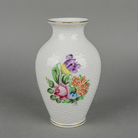 HEREND Hand Painted Floral Basketweave Baluster Vase