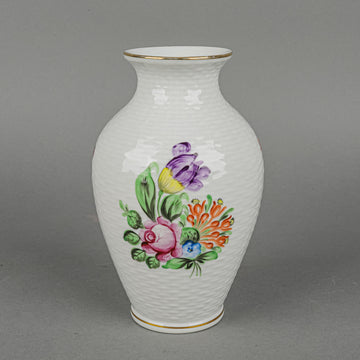 HEREND Hand Painted Floral Basketweave Baluster Vase