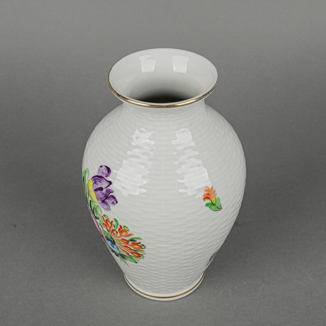 HEREND Hand Painted Floral Basketweave Baluster Vase
