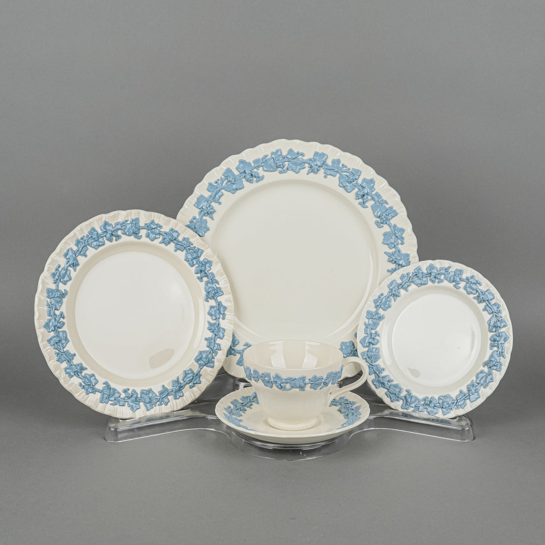 WEDGWOOD Blue On White Embossed Queens Ware 8 Place Settings Plus Extras