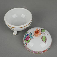 HEREND Chinese Bouquet Footed Bonbon Box With Rose Knob 6185