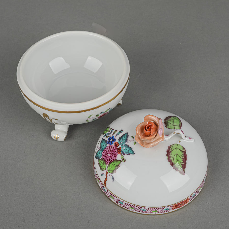 HEREND Chinese Bouquet Footed Bonbon Box With Rose Knob 6185