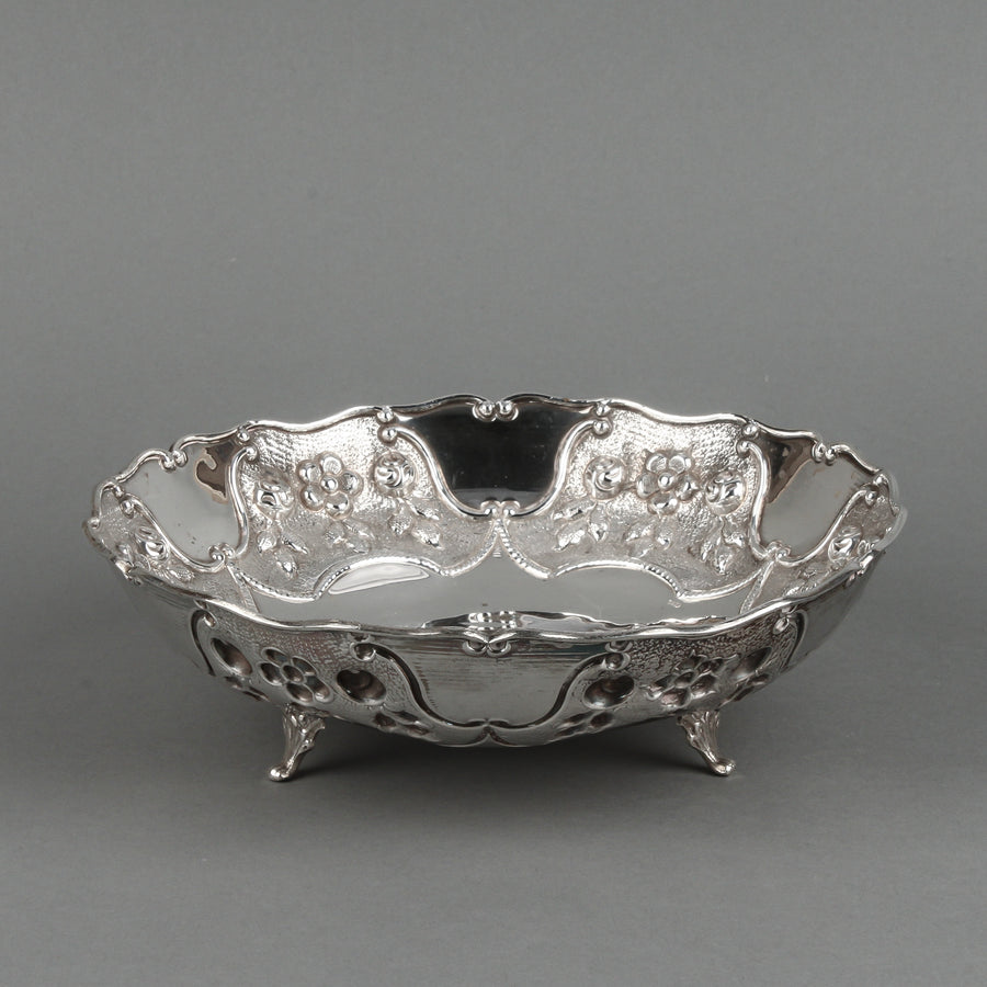 Sterling Silver Rose Motif Repousse Footed Bowl