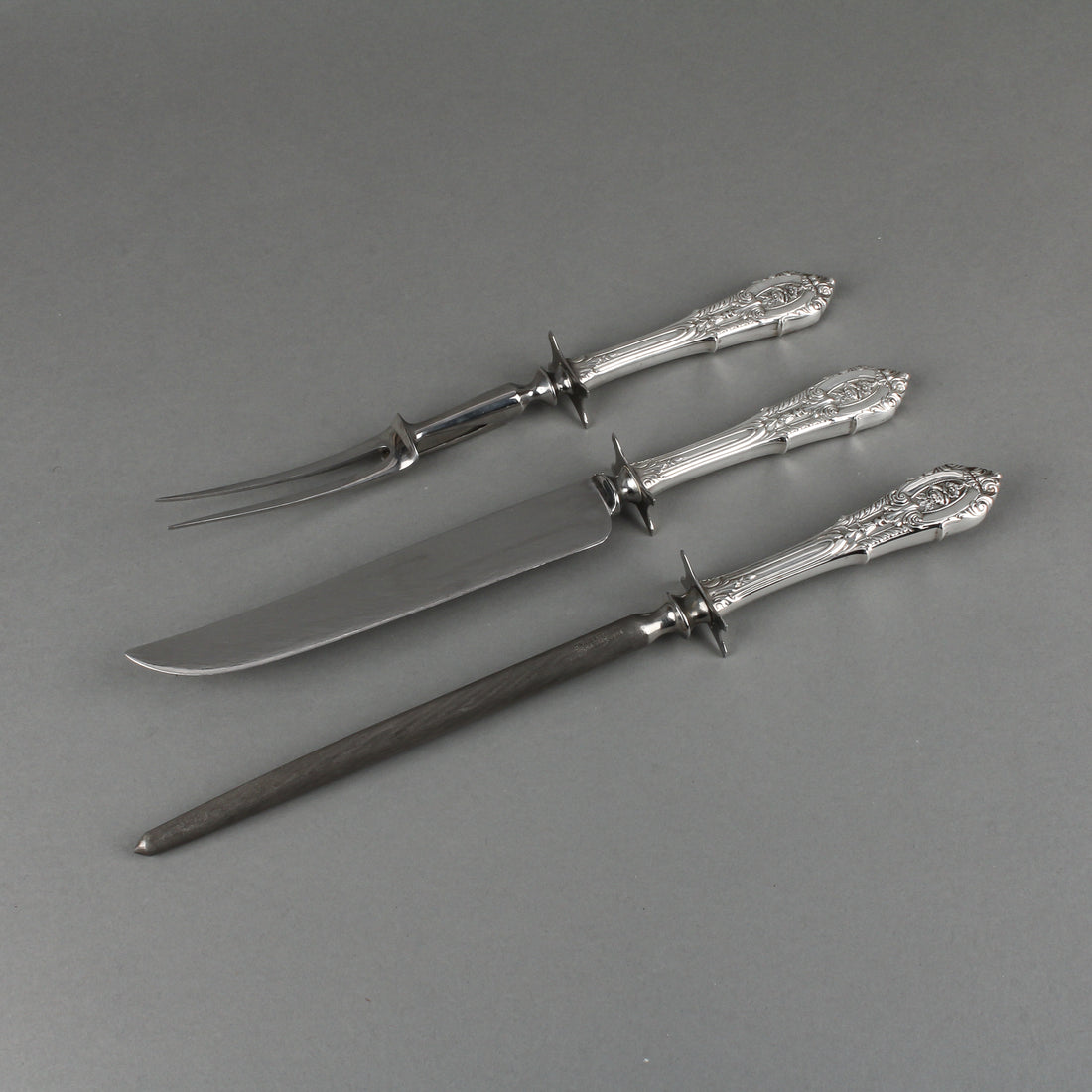 WALLACE STERLING Rose Point Sterling Silver Handle Stainless Steel 3-Piece Carving Set