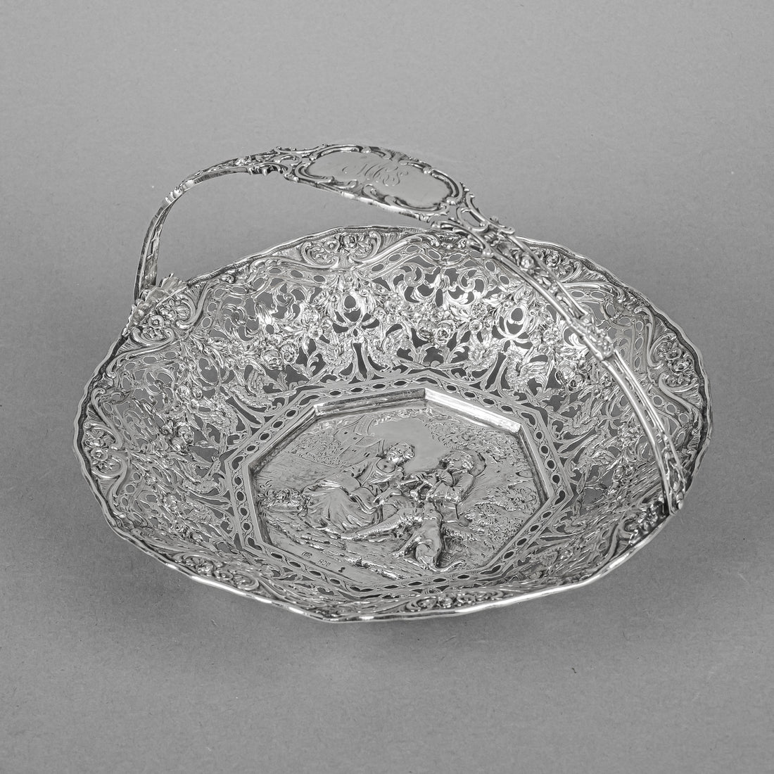 German 800 Silver Pierced Repousse Basket w/Handle