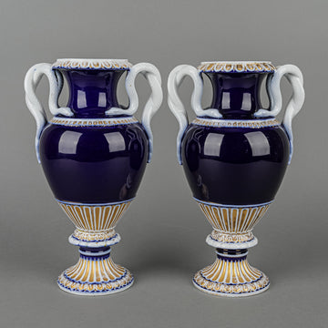 MEISSEN Cobalt Ground Serpant Handle Urn Vases Set of 2