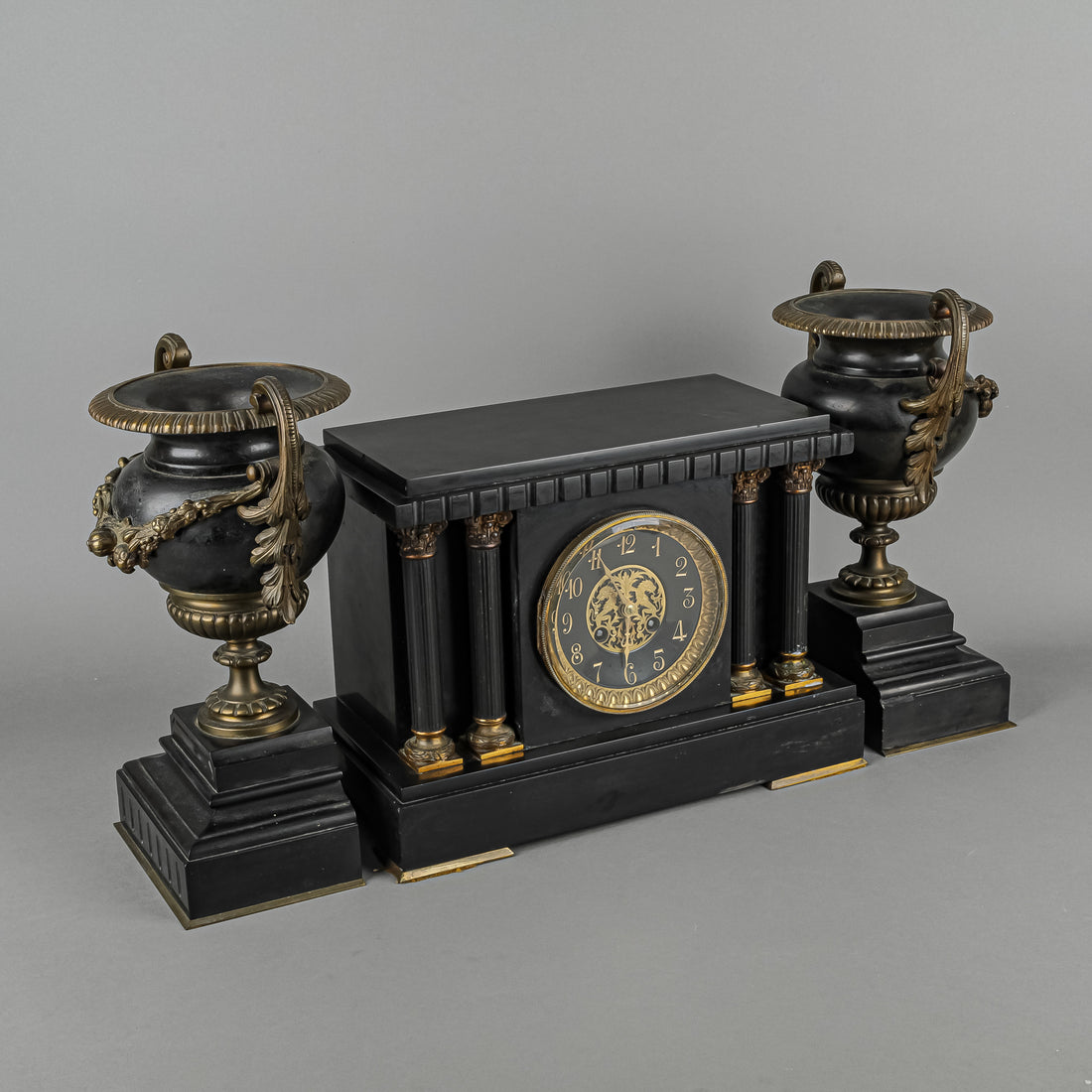 Antique Slate & Bronze Mantel     Clock & Garniture - 3Pcs