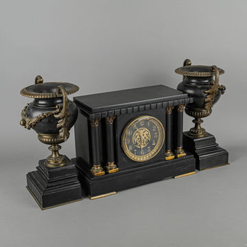 Antique Slate & Bronze Mantel     Clock & Garniture - 3Pcs