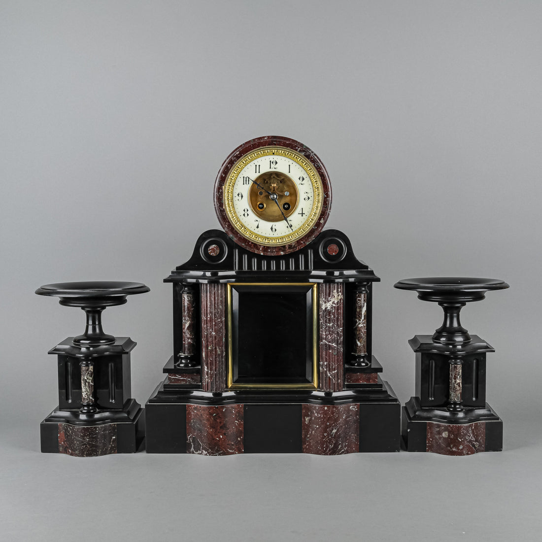 JAPY FRERES PARIS Slate & Granite Mantel Clock W/ 2 Pc Garniture