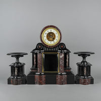 JAPY FRERES PARIS Slate & Granite Mantel Clock W/ 2 Pc Garniture