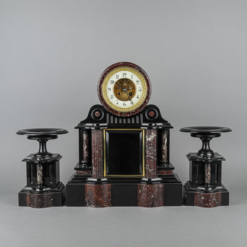 JAPY FRERES PARIS Slate & Granite Mantel Clock W/ 2 Pc Garniture